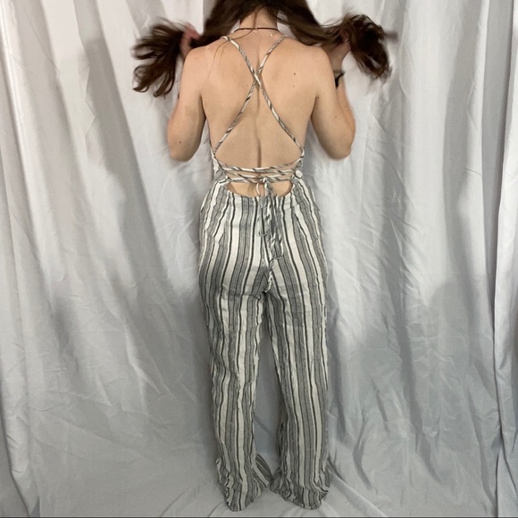 Forever 21 Stripped Jumpsuit Tank Top Pants Laced Open Back Small White Gray - Picture 6 of 11